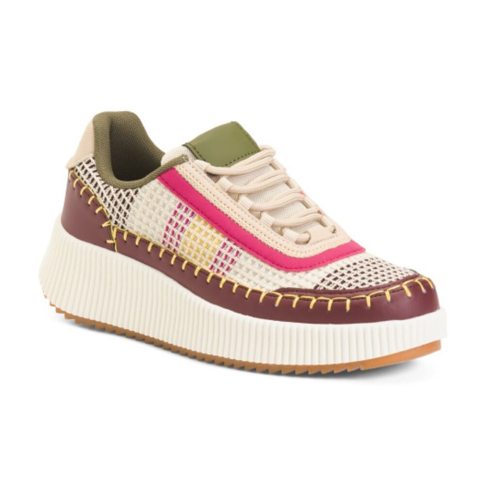 NIB Nicole Miller Bandy Lace Up Woven Sneakers Wine, Pink & Green Women’s 9